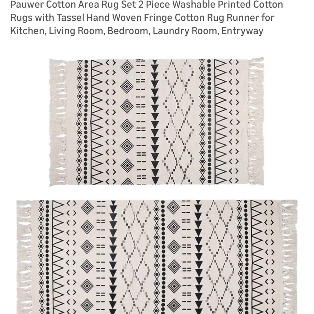2 pack - Boho Black & Cream Cotton Fringe Rug Set - 2'x3' & 2'x4.3'